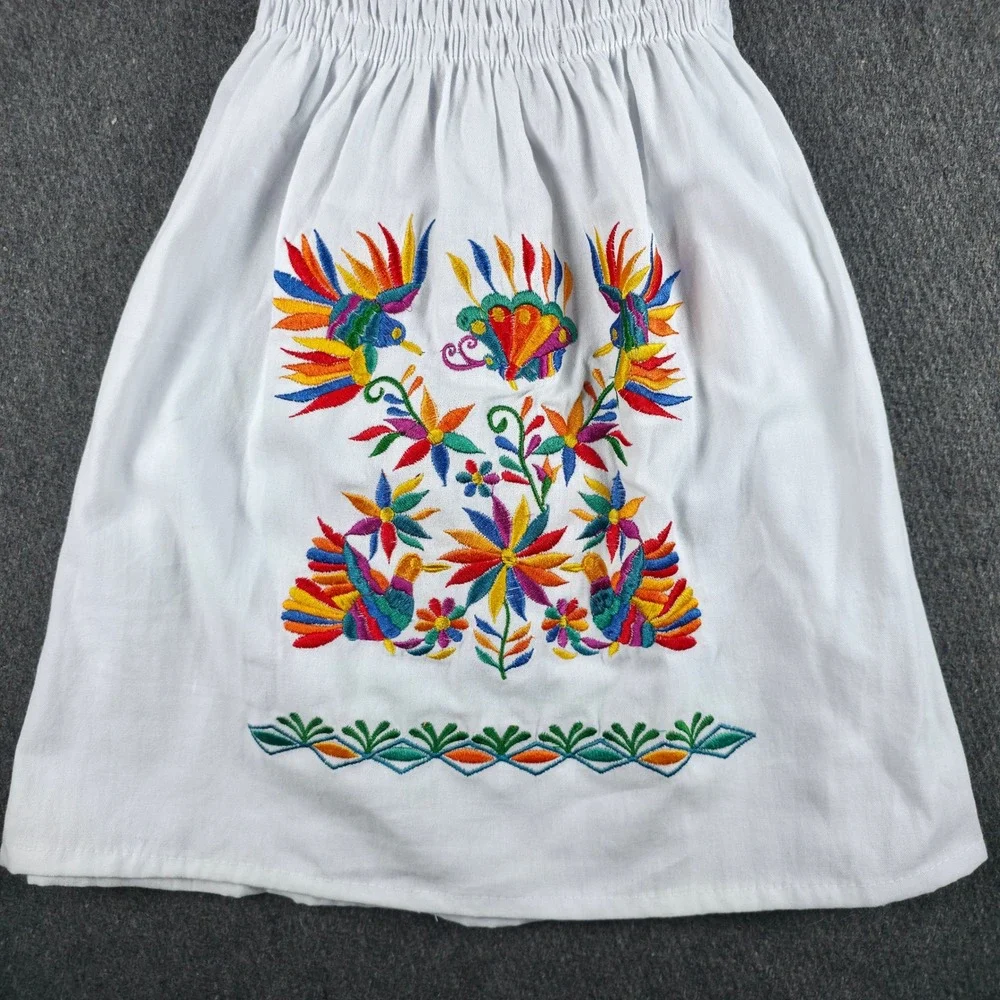 Mexican Peasant Dress Kids Size 6 White Floral Bird Embroidered Boho